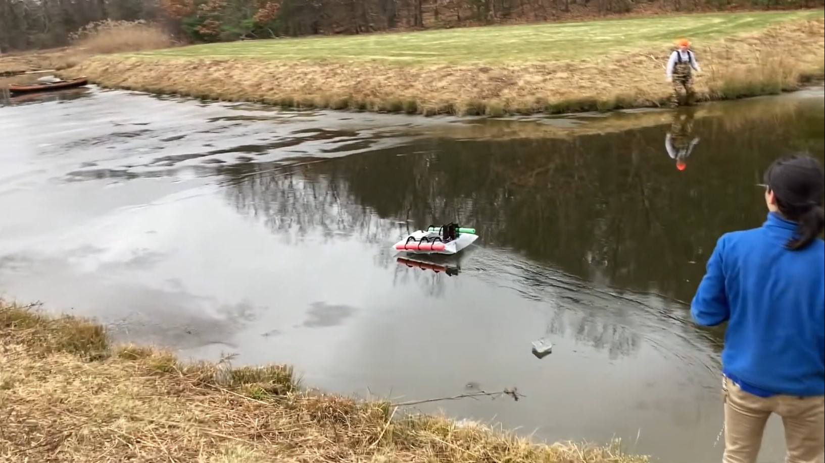 Hovercraft speeding along on the surface of a frozen lake